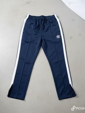 Umbro Navy Blue Soccer Track Pants White Stripe Zip Pockets Men M
